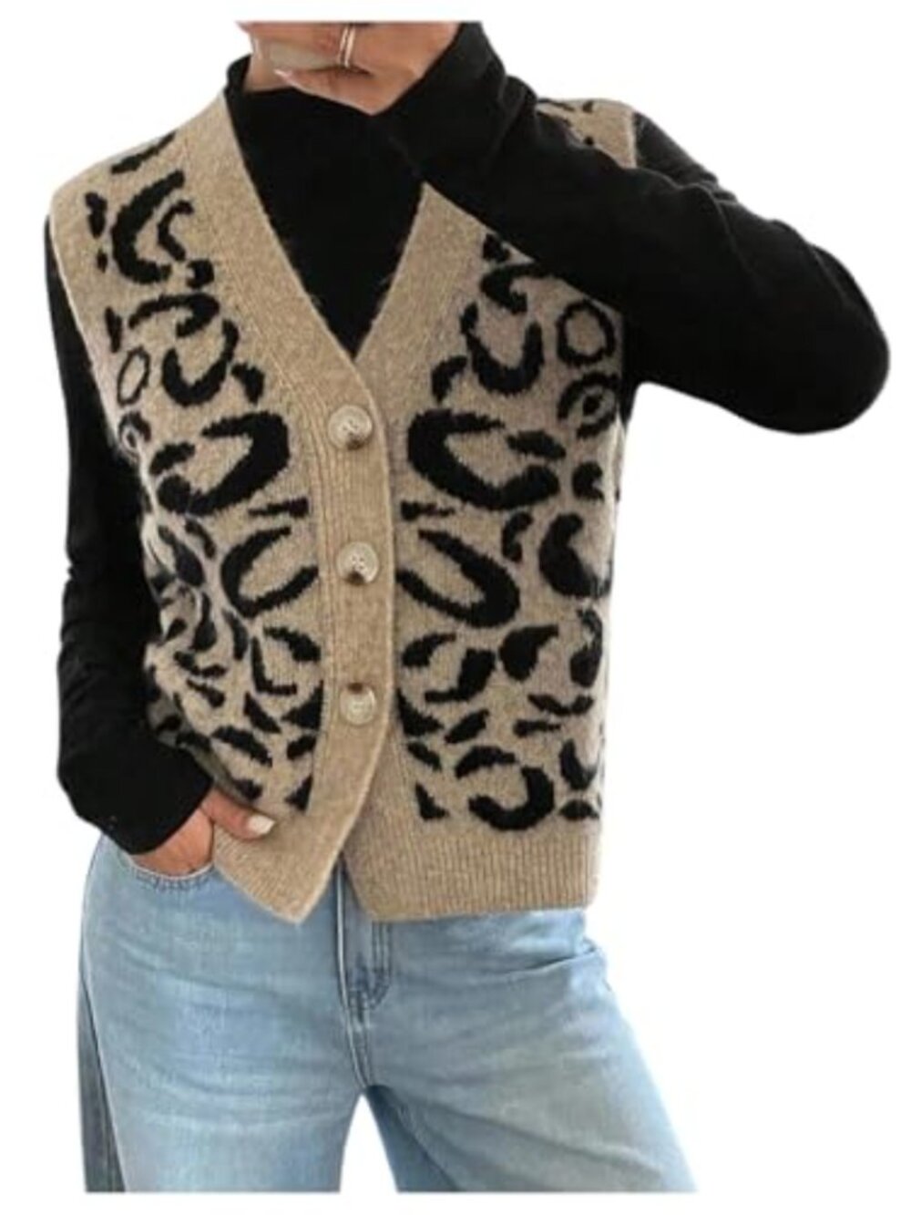 Leopard Print Button Down Sleeveless Knit Sweater Vest Y2K
